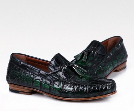 Handcrafted Men's Alligator Classic Tassel Loafer Leather Lined Shoes-Green-1