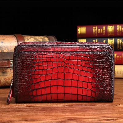 Handcrafted Mens Alligator Leather Zipper Long Wallet Business Hand Clutch Phone Holder-Burgundy