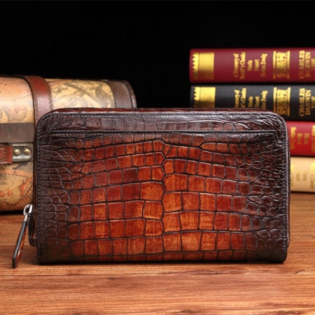 Handcrafted Mens Alligator Leather Zipper Long Wallet Business Hand Clutch Phone Holder-Cognac