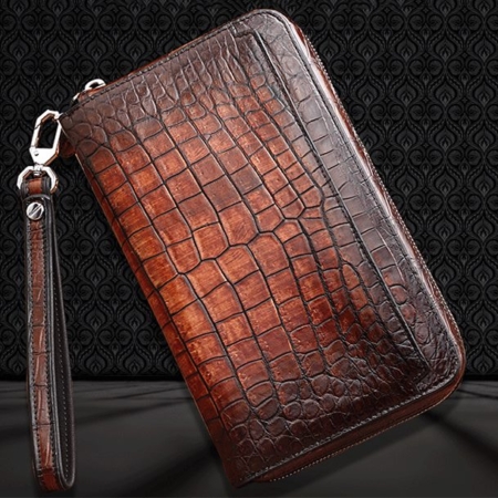 Handcrafted Mens Alligator Leather Zipper Long Wallet Business Hand Clutch Phone Holder-Cognac-Display