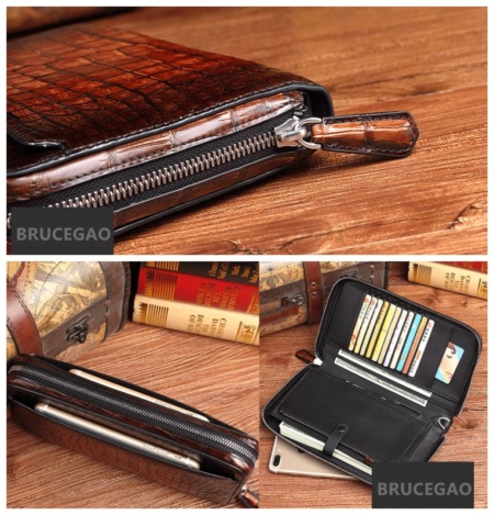 Handcrafted Mens Alligator Leather Zipper Long Wallet Business Hand Clutch Phone Holder-Details