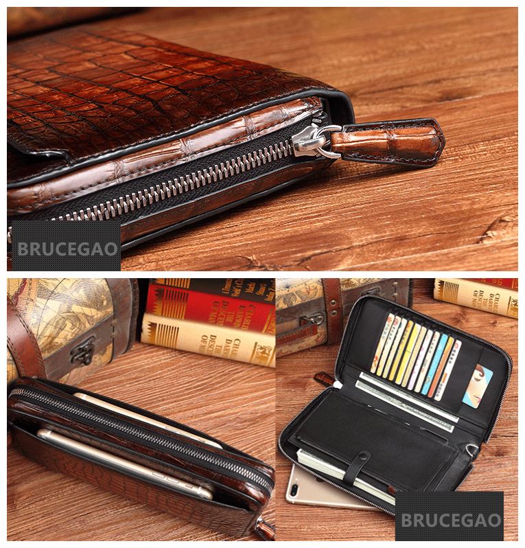 Handcrafted Mens Alligator Leather Zipper Long Wallet Business