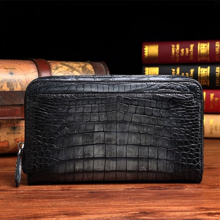 Handcrafted Mens Alligator Leather Zipper Long Wallet Business Hand Clutch Phone Holder-Gray