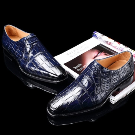 Handcrafted Men's Premium Alligator Skin Derby Shoes-Blue