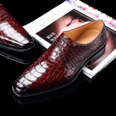 Handcrafted Men's Premium Alligator Skin Derby Shoes-Burgundy