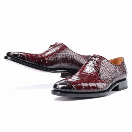 Handcrafted Men's Premium Alligator Skin Derby Shoes-Burgundy-Display