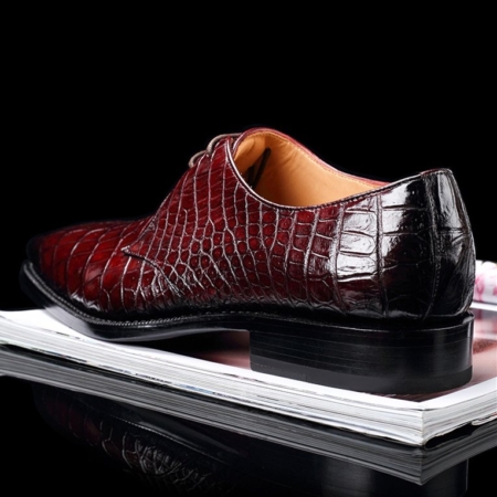 Handcrafted Men's Premium Alligator Skin Derby Shoes-Burgundy-Heel