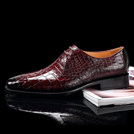 Handcrafted Men's Premium Alligator Skin Derby Shoes-Burgundy-Side