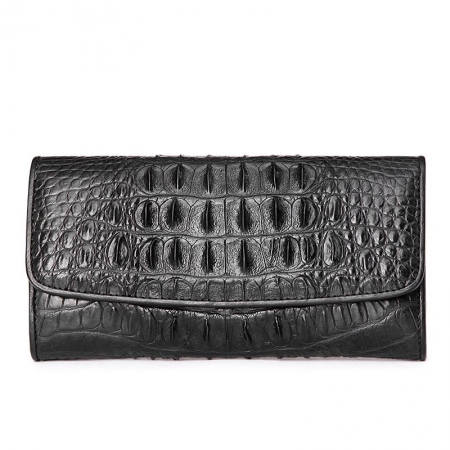 Ladies Crocodile Leather Flap Clutch Long Bi-fold Wallet Travel Purse-Black-Back Skin
