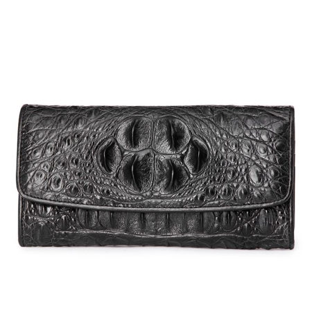 Ladies Crocodile Leather Flap Clutch Long Bi-fold Wallet Travel Purse-Black-Head Skin