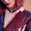Ladies Crocodile Leather Flap Clutch Long Bi-fold Wallet Travel Purse-Burgundy-Display
