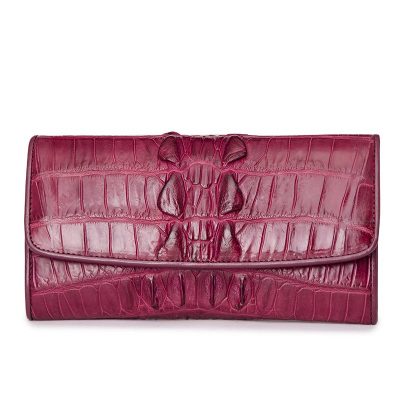 Ladies Crocodile Leather Flap Clutch Long Bi-fold Wallet Travel Purse-Burgundy-Tail-Skin