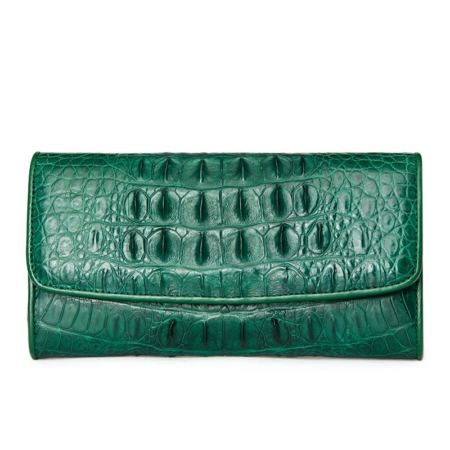 Ladies Crocodile Leather Flap Clutch Long Bi-fold Wallet Travel Purse-Green-Back Skin