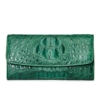 Ladies Crocodile Leather Flap Clutch Long Bi-fold Wallet Travel Purse-Green-Head Skin