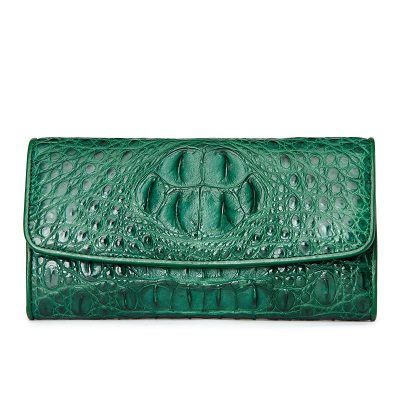 Ladies Crocodile Leather Flap Clutch Long Bi-fold Wallet Travel Purse-Green-Head Skin