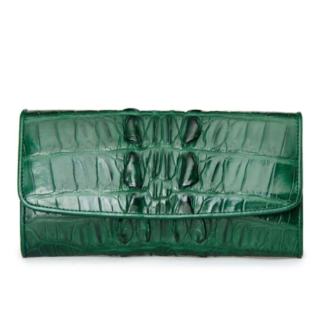 Ladies Crocodile Leather Flap Clutch Long Bi-fold Wallet Travel Purse-Green-Tail Skin