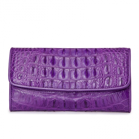 Ladies Crocodile Leather Flap Clutch Long Bi-fold Wallet Travel Purse-Purple-Back Skin