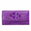 Ladies Crocodile Leather Flap Clutch Long Bi-fold Wallet Travel Purse-Purple-Head Skin