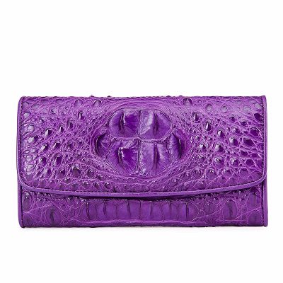 Ladies Crocodile Leather Flap Clutch Long Bi-fold Wallet Travel Purse-Purple-Head Skin