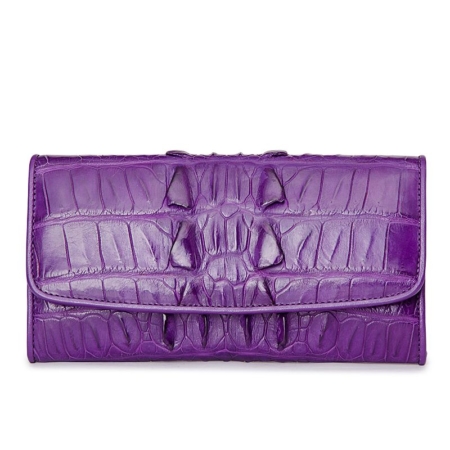 Ladies Crocodile Leather Flap Clutch Long Bi-fold Wallet Travel Purse-Purple-Tail-Skin