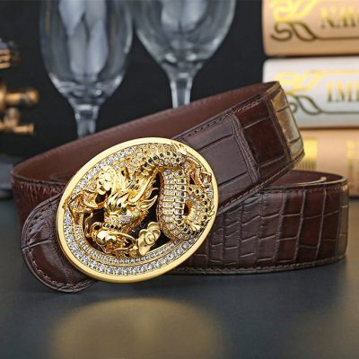 Luxury Alligator Skin Belt with Natural Zircons and Dragon Pattern Pin Buckle