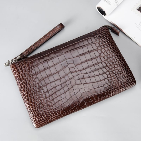 Alligator Envelope Clutch Bag Business Portfolio Briefcase Large Wallet With Strap-Brown-Display