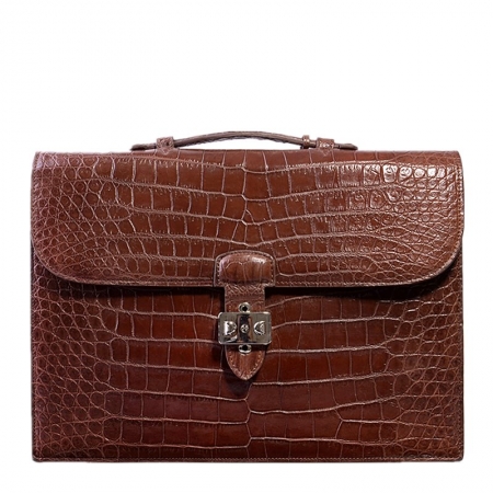 Alligator Leather Briefcase Laptop Bag Messenger Bag with Lock-Brown