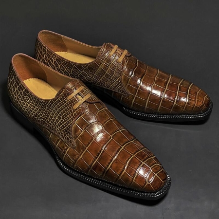 Alligator Leather Modern Classic Lace-up Dress Derby Shoes for Men-Brown