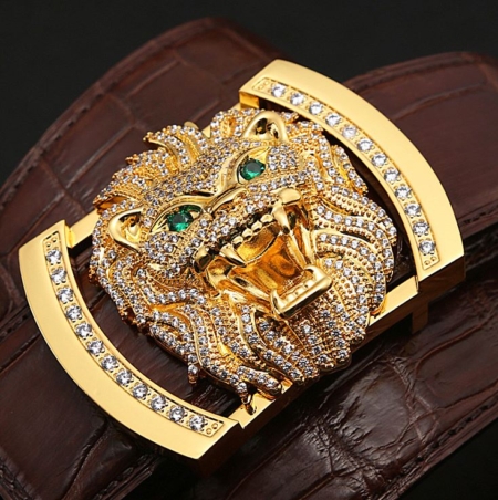 Alligator Skin Belt with Lion Pattern Pin Buckle-Golden