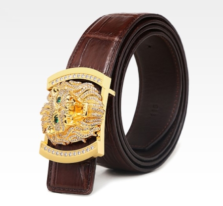 Alligator Skin Belt with Natural Zircons and Lion Pattern Pin Buckle-Brown