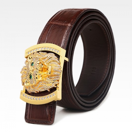 Alligator Skin Belt with Natural Zircons and Lion Pattern Pin Buckle-Brown