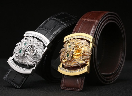 Alligator Skin Belt with Natural Zircons and Lion Pattern Pin Buckle-Display