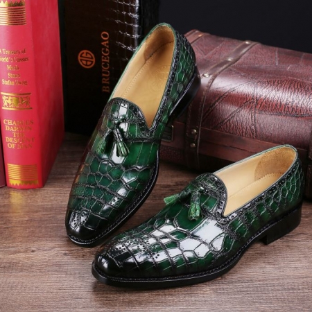 Classic Alligator Leather Tassel Loafer Comfortable Slip-On Dress Shoes-Green-Display