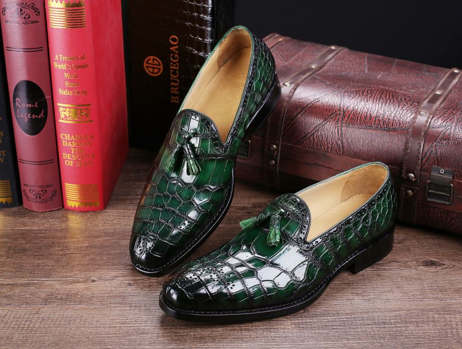 Mens Crocodile Print Shiny Real Leather Tassel Loafers Shoes Vintage Green Black