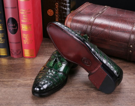 Classic Alligator Leather Tassel Loafer Comfortable Slip-On Dress Shoes-Green-Sole