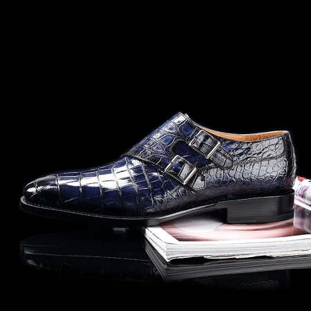 Handcrafted Men's Double Monk Strap Genuine Alligator Leather Modern Classic Dress Shoes-Blue-Side