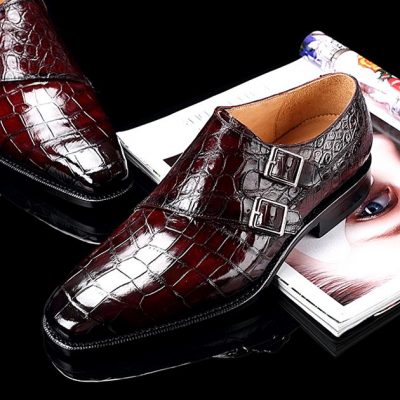Handcrafted Men's Double Monk Strap Genuine Alligator Leather Modern Classic Dress Shoes-Burgundy