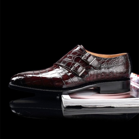 Handcrafted Men's Double Monk Strap Genuine Alligator Leather Modern Classic Dress Shoes-Burgundy-Side