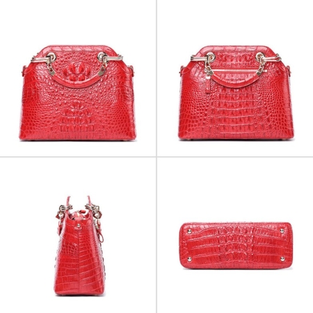 Ladies Genuine Crocodile Handbag Top Handle Purse-Red-Display