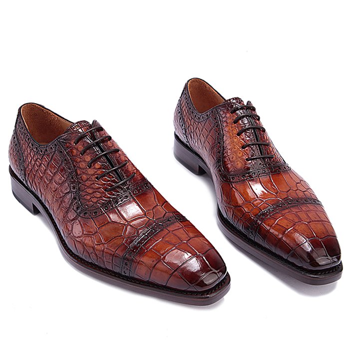 Mens Alligator Leather Cap Toe Lace up Oxford Classic Modern Business Dress Shoes-1