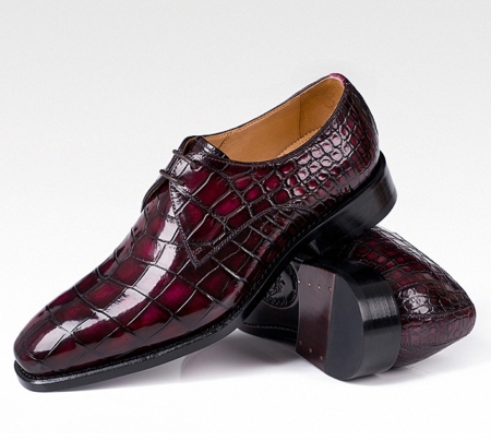 Men's Handmade Alligator Leather Modern Classic Lace-up Dress Derby Shoes-Burgundy-1