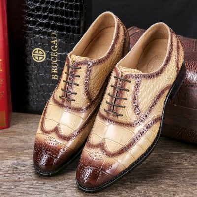 Men's Alligator Leather Wingtip Brogue Oxford Leather Lined Perforated Dress Shoes