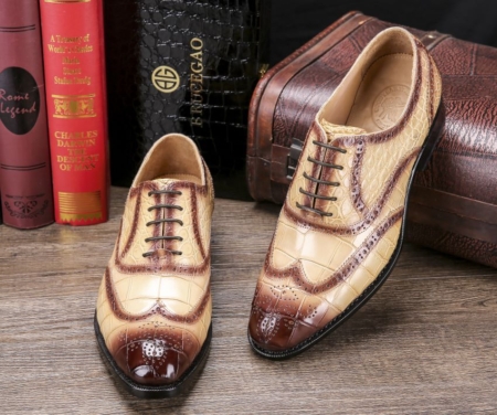 Men's Alligator Leather Wingtip Brogue Oxford Leather Lined Perforated Dress Shoes-Display