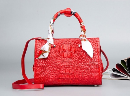 Womens Crocodile Leather Handbags Shoulder Bags Top Handle Tote Satchel for Ladies-Red-Display