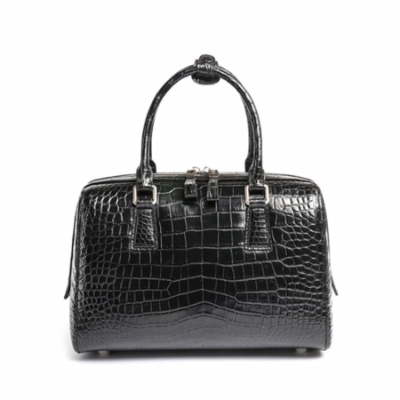 Classic Alligator Leather Barrel Handbag Top-Handle Bag Purse for Women-Black