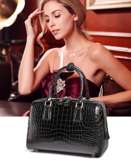 Classic Alligator Leather Barrel Handbag Top-Handle Bag Purse for Women-Display