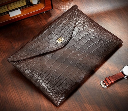 Large Capacity Alligator Leather Business Briefcase Envelope Bag-Brown-1