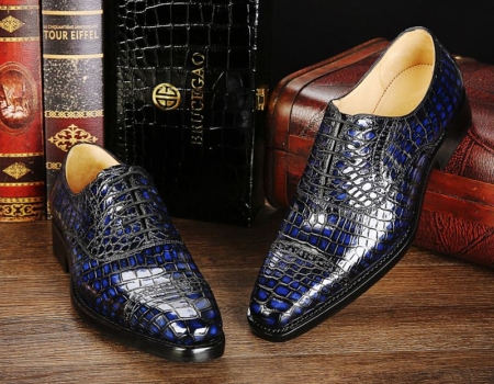 Mens Alligator Leather Cap-Toe Lace up Oxford Dress Shoes-Blue-1