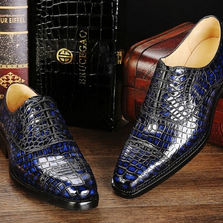 Mens Alligator Leather Cap-Toe Lace up Oxford Dress Shoes-Blue-1