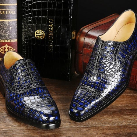 Mens Alligator Leather Cap-Toe Lace up Oxford Dress Shoes-Blue-1